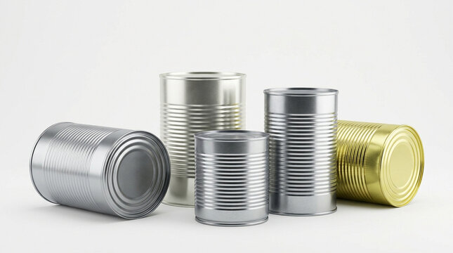 Five metal tin cans on a clean white background studio
