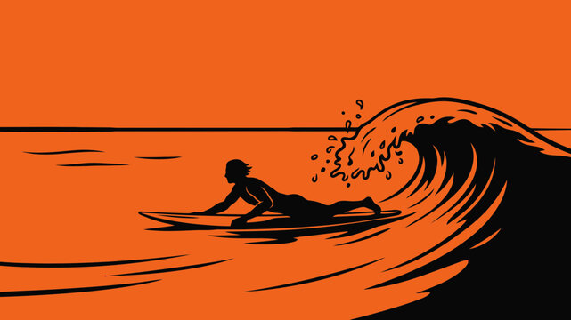Surfer paddling on a surfboard towards a large breaking wave silhouette on orange background