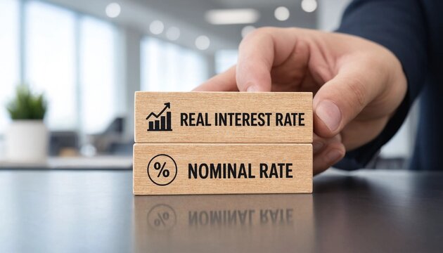 Hand holding wooden blocks with real interest rate and nominal rate on a table in an office  financial concepts