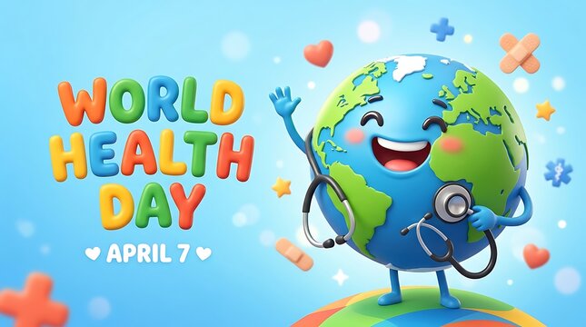 World Health Day illustration with smiling Earth character holding stethoscope, promoting global health awareness on April 7.