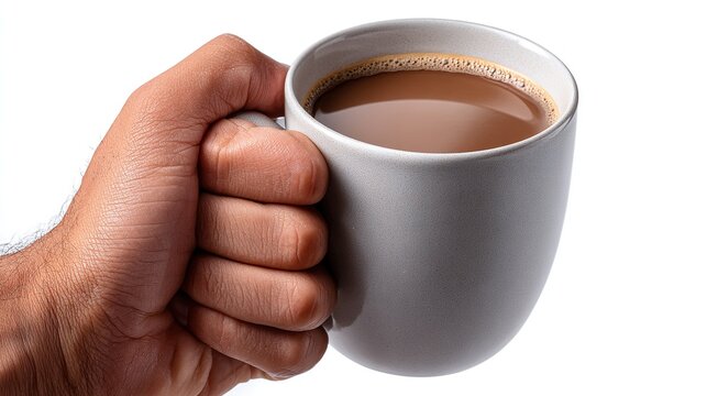 Hand Holding Coffee Mug: A close-up shot features a hand tightly gripping a gray ceramic mug filled with warm, frothy coffee, perfect for a morning pick-me-up or a cozy break.