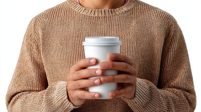 Cozy Warmth in a Mug: A person wearing a textured sweater holds a white disposable cup, suggesting a warm beverage and a moment of comfort.