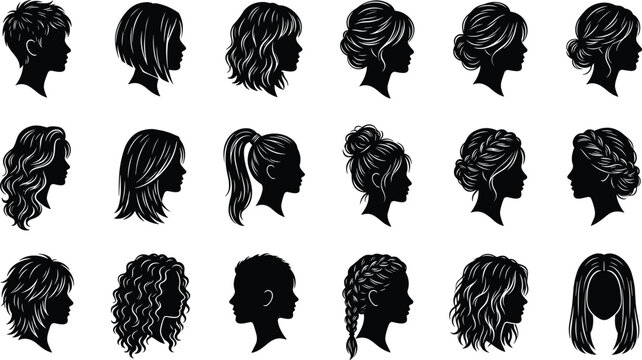 Women profile silhouette collection with various hairstyles like bob wavy curly ponytail bun and braided hairstyles vector illustration