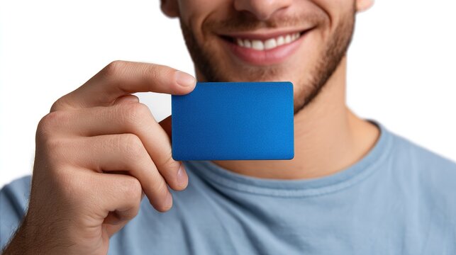 Smiling man holding a blue credit card