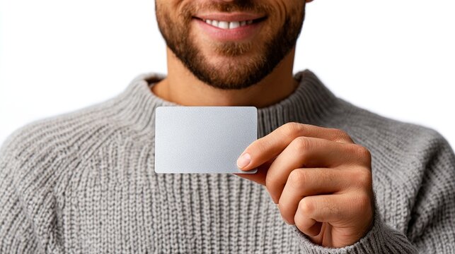 Man Holding Blank Card: A smiling man with a beard, wearing a grey knitted sweater, holds up a blank white card, inviting viewers to imagine its purpose.