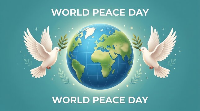 World Peace Day illustration with doves and globe on blue background, symbolizing harmony and unity.