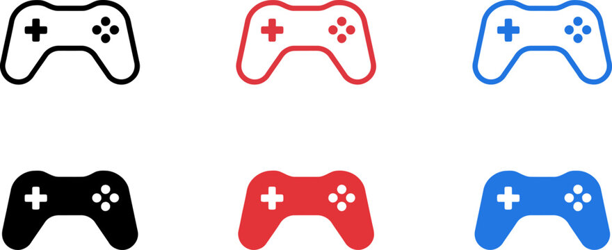 Set of colorful video game controllers on white background