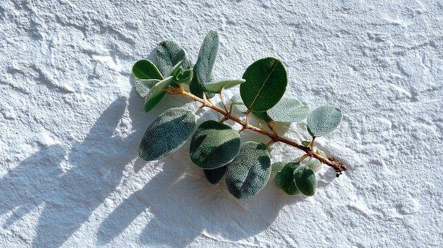 Botanical Study: A detailed close-up of a green leafy branch resting on a textured white surface, casting a soft shadow, highlighting the delicate natural beauty and intricate details of the plant.
