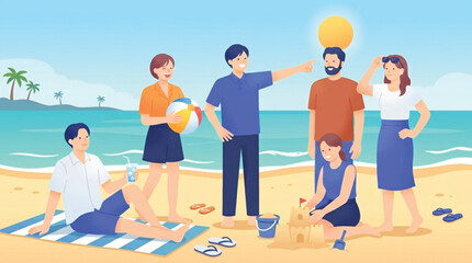 Fototapeta premium Group of Diverse Friends Enjoying a Sunny Summer Day at the Beach