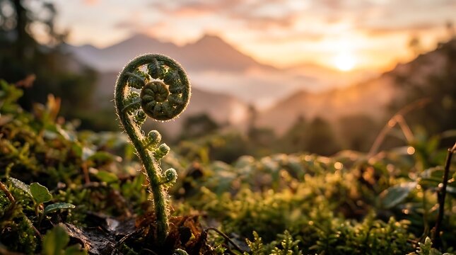 Serene landscape with a curled fern frond at sunrise, symbolizing peace and harmony in nature.