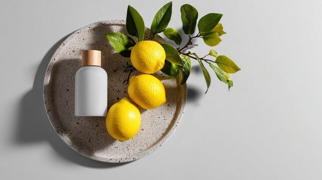 Lemon Zest Perfume Bottle: A minimalist perfume bottle sits on a textured plate next to a sprig of fresh lemons and green leaves, evoking natural fragrance and clean beauty.