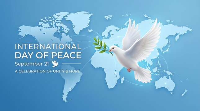 International Day of Peace, dove holding olive branch flying over world map on blue background, symbolizing global harmony and unity.