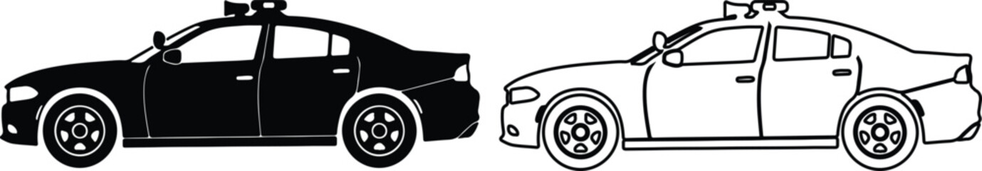 Police car silhouette and outline vector illustration on white background for law enforcement concept © Rabeya