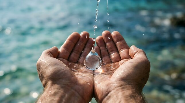 Hands cupped holding clear water droplet over ocean background, symbolizing World Peace Day and global harmony.