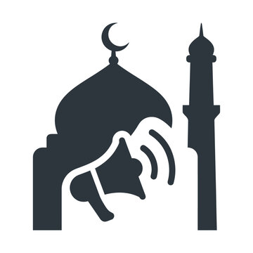 Islamic mosque adhan call to prayer icon, black silhouette of masjid with megaphone, religious announcement vector