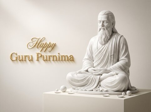 A serene, bearded Guru seated in the full lotus position with crossed legs; a flawless white marble statue featuring the Guru's beard and facial features, with the words "Happy Guru Purnima" inscribed