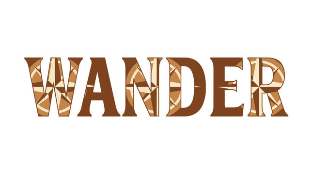 Inspirational WANDER typographic design with a vintage nautical compass rose pattern inside the letters, isolated on a white background for travel, exploration, and adventure themes.