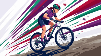 Fototapeta premium Female Cyclist Riding Mountain Bike Uphill, Athlete in Helmet and Sportswear, Dynamic Speed Lines Background, Flat Vector Illustration of Outdoor Cycling Adventure and Active Lifestyle