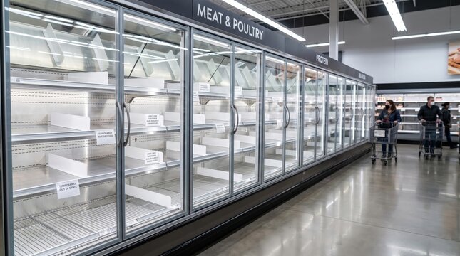 Empty fresh meat refrigerator in supermarket, food shortage, retail supply disruption, consumer demand, inventory depletion.