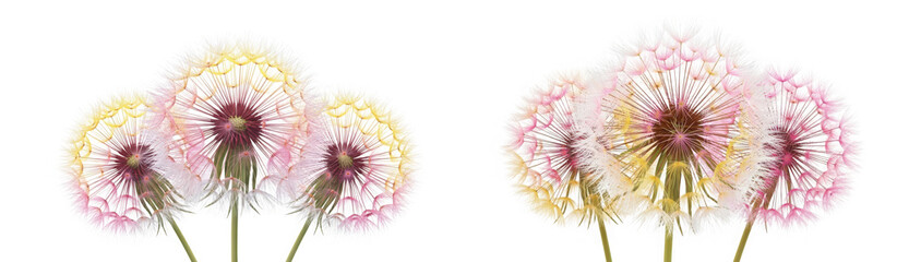 Obraz premium Two groups of colorful dandelion seed heads isolated on transparent background