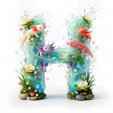 Letra H, ajolotes, agua, marco, flor, arcen, vector, floral, decoraciones, hojas, designio, navida, corona, ilustraci&oacute;n, naturaleza, cardar, arte, verano, f&aacute;brica, primavera, vacaciones, antique, rosa