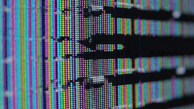 Macro Broken LCD Screen with Glitching Neon RGB Lines and Digital Distortion Dead Pixels
