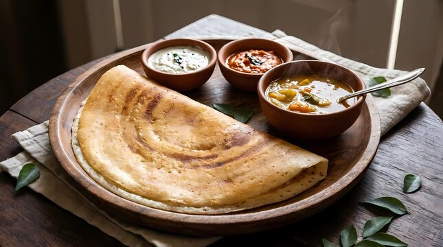 Crispy masala dosa with sambar and chutneys on wooden platter.