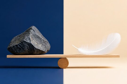 Balance concept with stone and feather on minimalist wooden seesaw