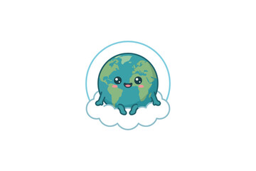 Obraz premium A cute cartoon Earth character sitting on a fluffy white cloud with a rainbow arch.