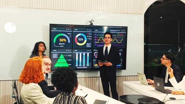 A diverse team in a modern boardroom reviews a large screen of dashboards as a presenter explains KPIs, charts, and trends during a business meeting.