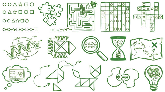 Hand drawn logic games and brain teaser icons, green sketch puzzle elements set, mental exercise and problem solving vector illustrations
