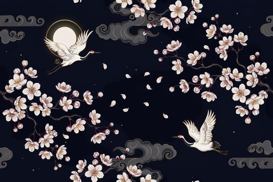 Seamless pattern featuring white japanese cranes flying across a dark night sky with a full moon, blooming cherry blossom branches, and clouds