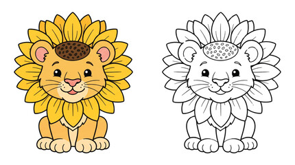 Fototapeta premium Cute cartoon lion cub with sunflower mane line and color. Vector illustration for kids coloring page.