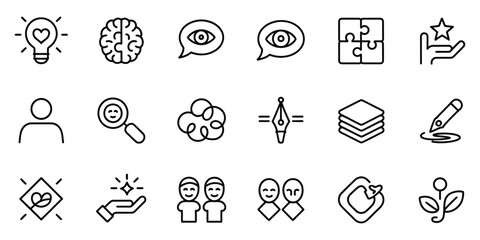 Creative Thinking and Innovation Line Icon Set Featuring Idea, Brain, Vision, Strategy, Puzzle, Growth and Editable Stroke Vector Collection © Md Shohag Mia