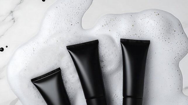 Three black tubes of cosmetic product lying on white soap foam on marble surface