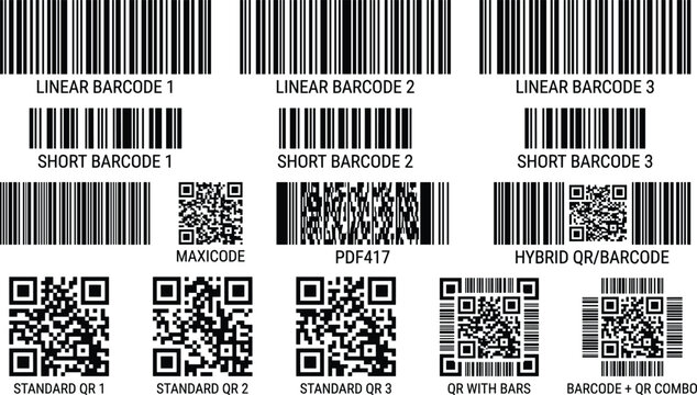 Barcode and qr code graphic elements set featuring linear short maxicode pdf417 matrix labels and scanning vector templates