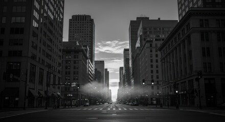 Naklejka premium Cityscape view of buildings along a street in black and white