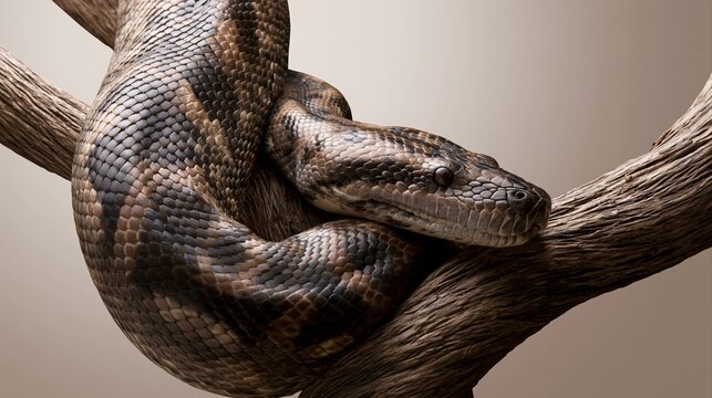 Close up shot of large brown python snake coiled on textured tree branch with isolated background