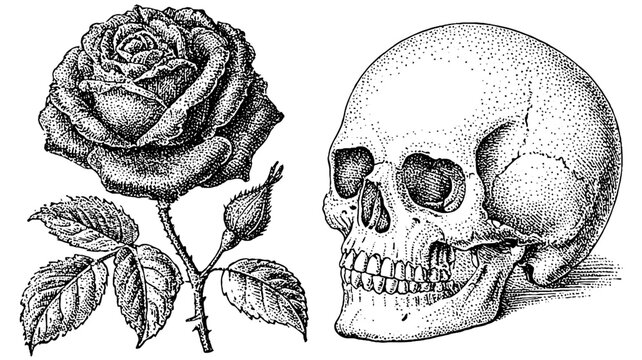 Rose and human skull illustrated side by side on white background