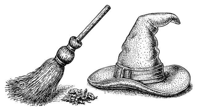 Witch hat beside broom with dried herbs on surface