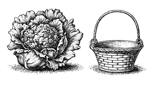 Cauliflower positioned beside empty wicker basket on plain background