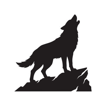 Howling wolf silhouette. Wild animal standing on a rocky cliff.