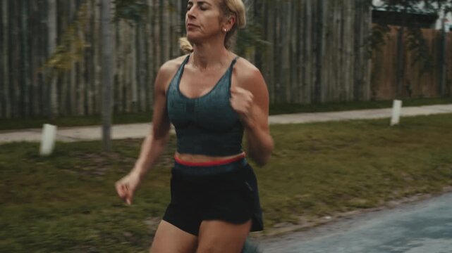 Athletic woman running confidently along grassy path beside wooden fence