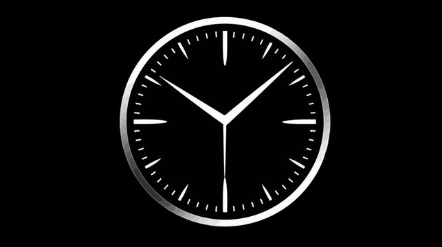 Minimalist silver metallic clock face with white hands and markers on a black background, representing time, deadlines, and punctuality.