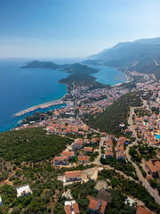 Naklejka premium Aerial vertical panorama of Kas coastal town and mediterranean sea bay Turkey
