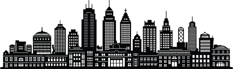 Fototapeta premium City skyline silhouette featuring tall skyscrapers and corporate office buildings in a modern urban metropolitan area panoramic view