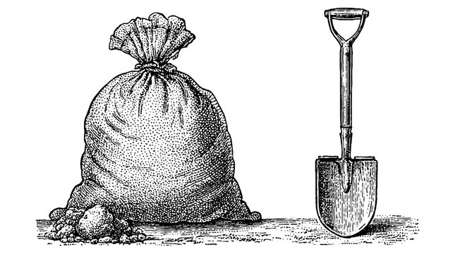 Closed cloth sack positioned beside upright shovel on earth