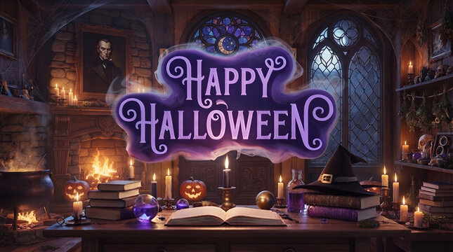 Happy Halloween Magic Library Background with Books, Candles and Spooky Typography, Enchanting Halloween Library Scene Featuring Glowing Happy Halloween Sign and Ancient Books, 
