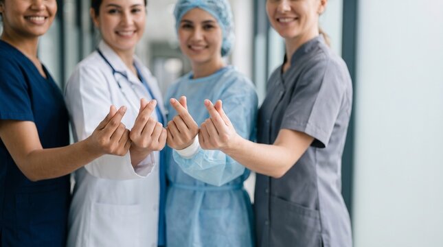 Diverse multiethnic group of smiling female doctors and nurses in scrubs standing in hospital corridor, making Korean finger heart hand gesture to show love, medical care and cooperation.