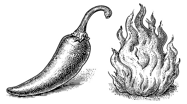 Single chili pepper beside stylized flame on white background